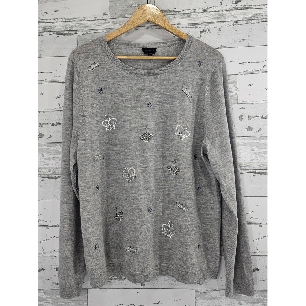 Talbots Pure Merino Wool Crown Embellished Sweater Gray XL Long Sleeve Crew Neck